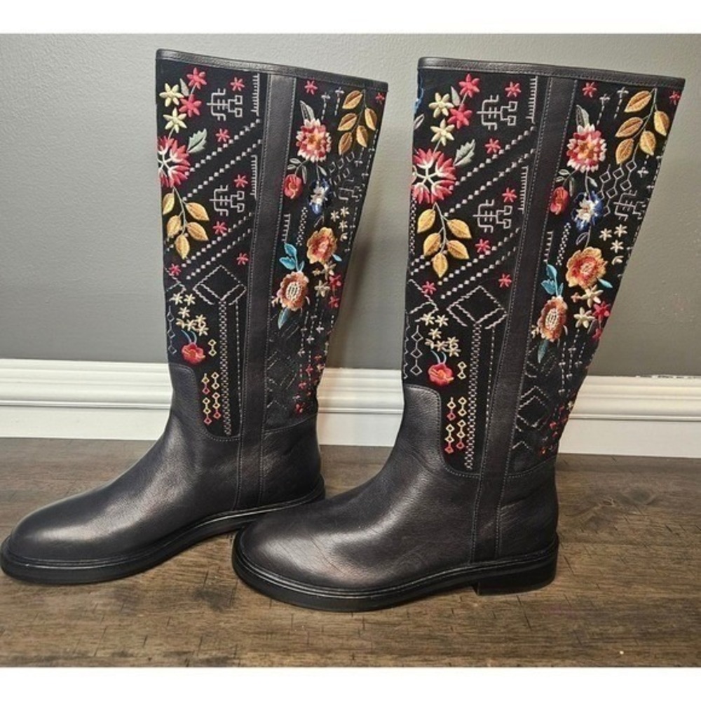 Johnny Was Embroidered Knee High Tall Riding Boots Pull On Boho Black Size 6 New - Picture 3 of 11